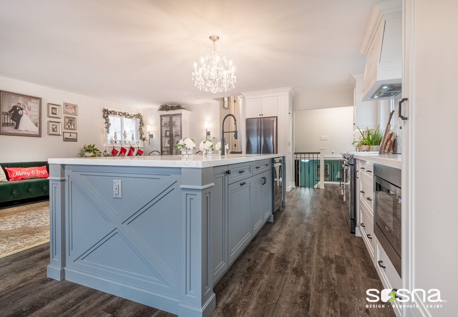 kitchen island in grey blue colour