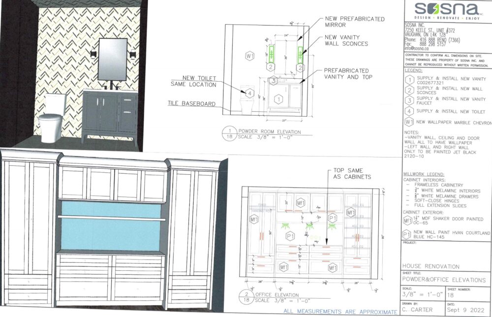 3d drawings powder room and shelving proposed