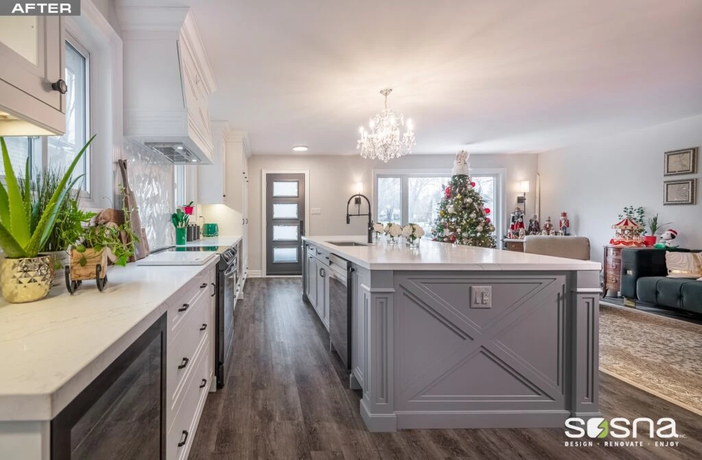 Open Concept Kitchen After Renovation: Grey and White Cabinets