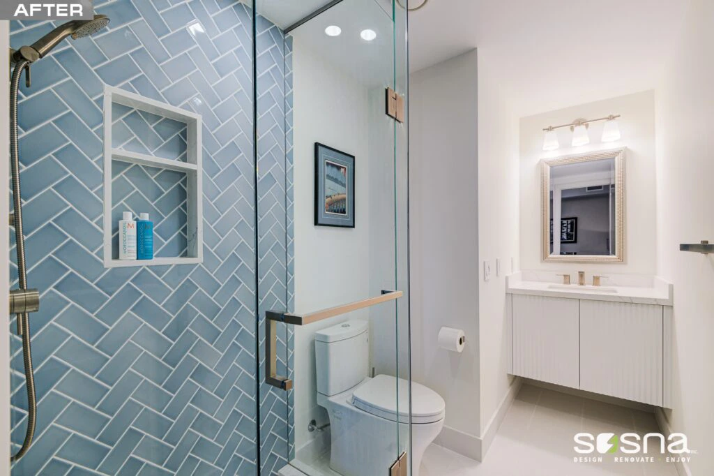 After Bathroom Renovation Blue Wall Tile White And Gold Vanity And Fixtures