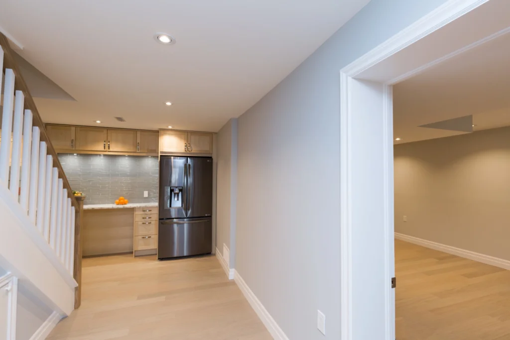 Basement Kitchen Renovation Shaker Profile Wood Cabinets Basement Bar GTA Home Services