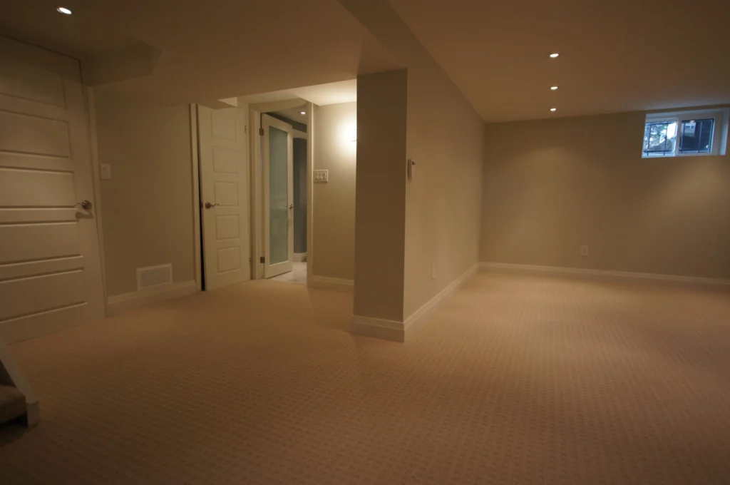 Basement Renovation With Frosted Glass Doors Carpet And Bathroom Renovation GTA Home Renovators