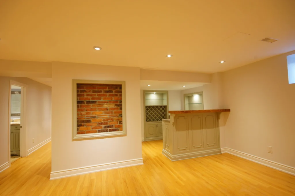 Basement Renovation Exposed Brick Framed Basement Bar With Custom Wine Shelf