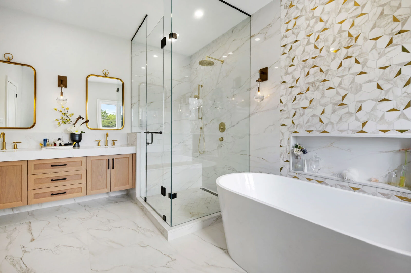 Beautiful Modern Bathroom Renovation Wood Vanity With White And Gold Tub Accent Wall Custom Bathroom