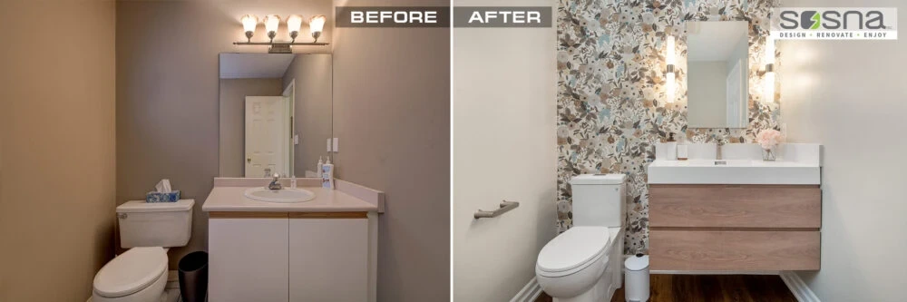 Before & After Powder Room Renovation Accent Wallpaper