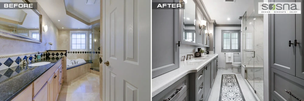 Before And After Bathroom Renovation Large Grey Cabinets With Dual Sink Vanity And Custom Shower