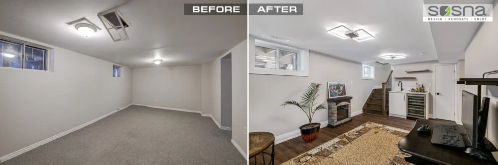 Before And After Functional Basement Transformation With Electric Fireplace