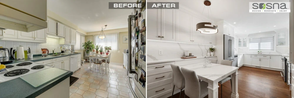 Before And After Large Kitchen And Dining Room Renovation With White Cabinets And Built-In Table With Counter