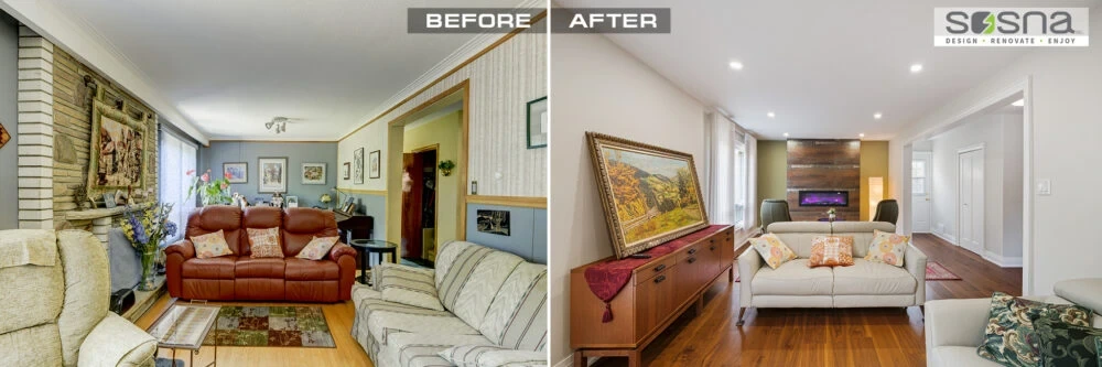 Before And After Living Room Renovation Functional Space With Open Concept Wall Removal And Fireplace Removal