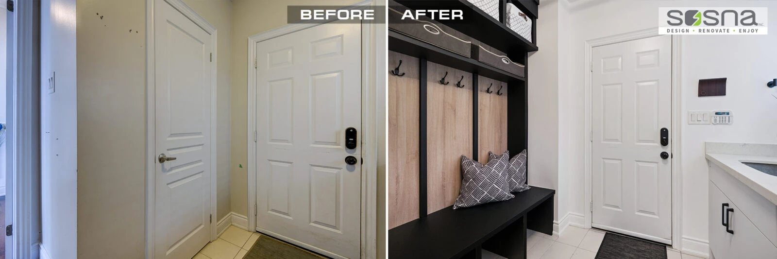 Before And After Mudroom Renovation Custom Storage Bench With Coat Hangers Black And Light Wood