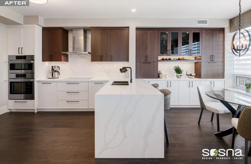 Condo Renovation Bespoke Walnut White Kitchen Cabinets Quartz Countertop With Peninsula