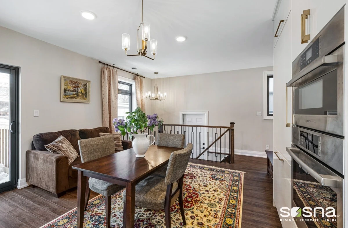 Full Bungalow Transformation Gold And White Kitchen With Dark Wood Dining Room