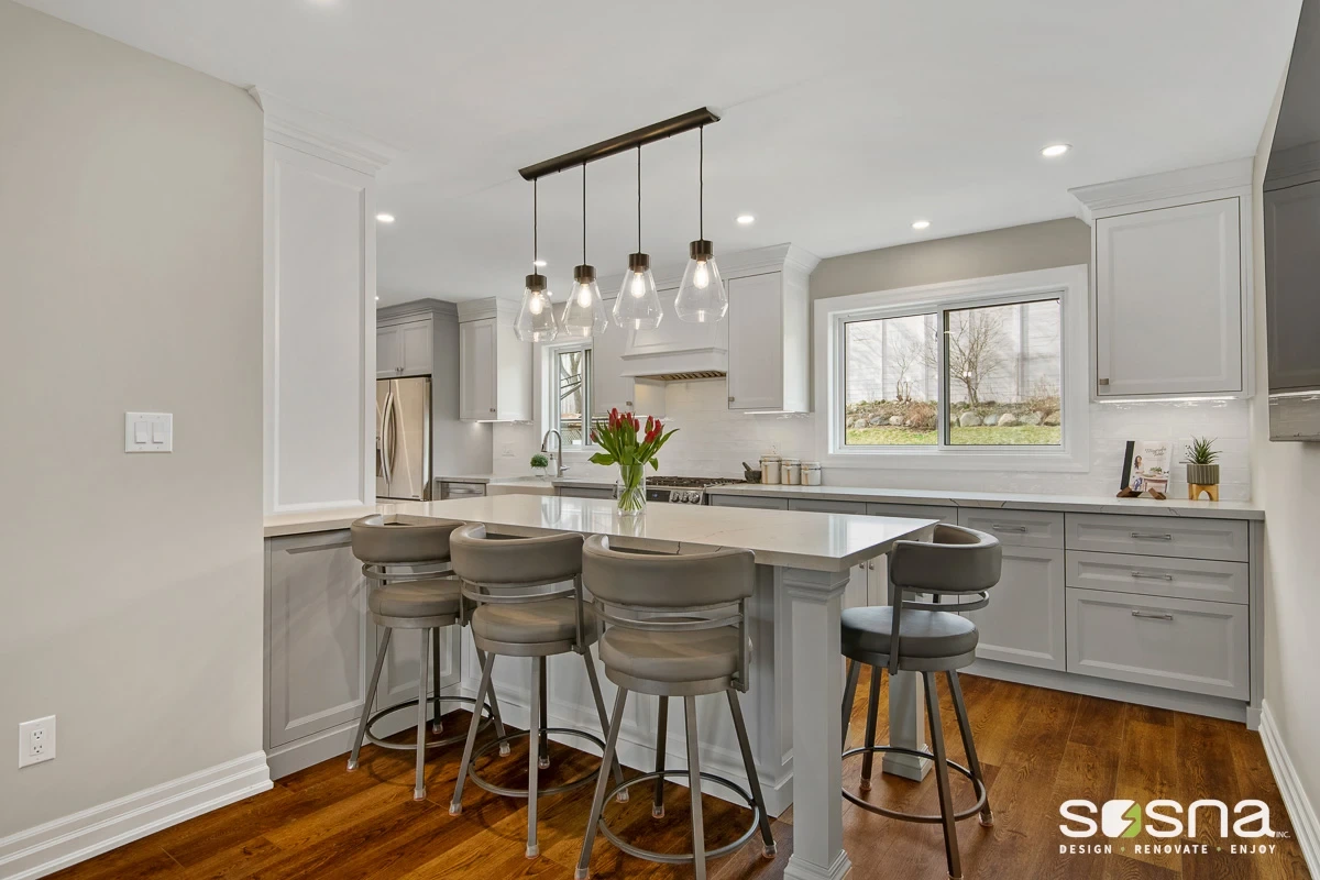 Grey & White Kitchen Cabinets Main Floor Renovation Black Clear Glass Pendant Lights