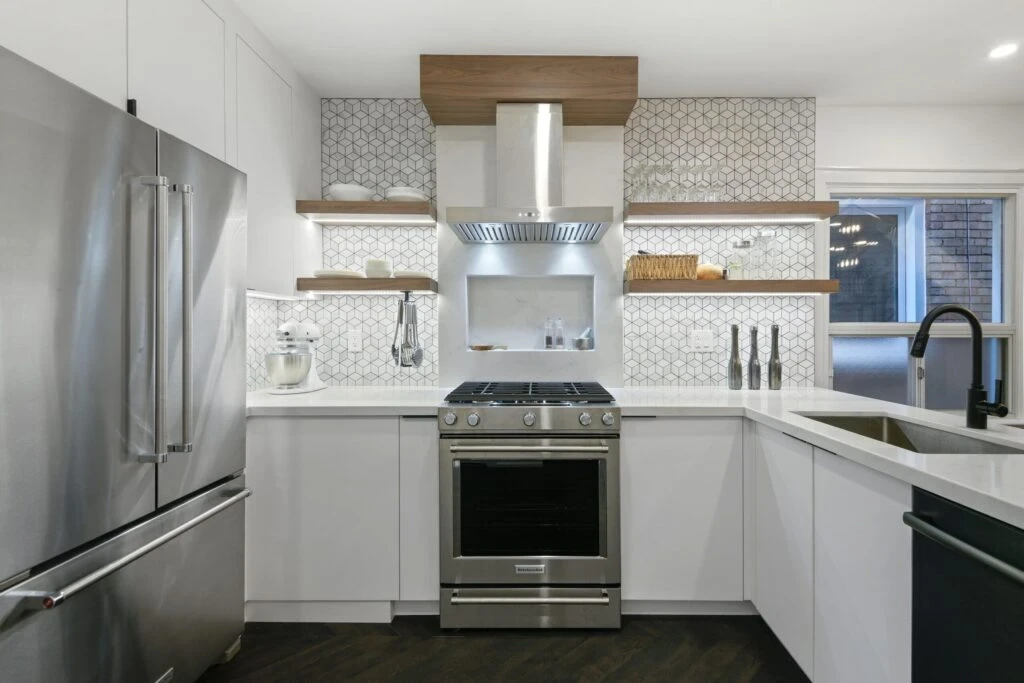 Kitchen Renovation With Hex Tiles White Cabinets And Wood Accents