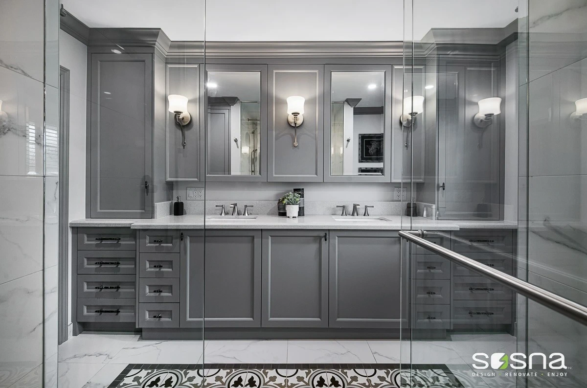 Large Bathroom Renovation With Dark Grey Cabinets Double Sink Vanity And Towers GTA Renovations