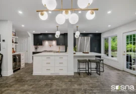 Main Floor Kitchen Open Concept Island With Post Black And White Kitchen Vinyl Flooring Shaker Cabinets Gold Hardware