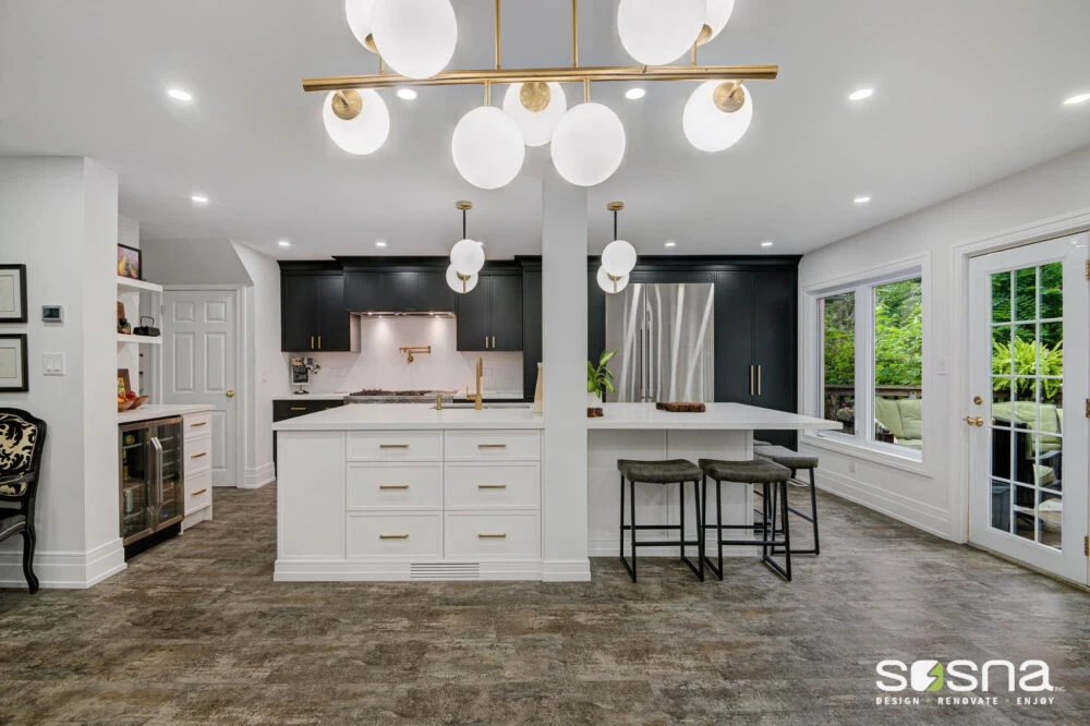 Main Floor Kitchen Open Concept Island With Post Black And White Kitchen Vinyl Flooring Shaker Cabinets Gold Hardware