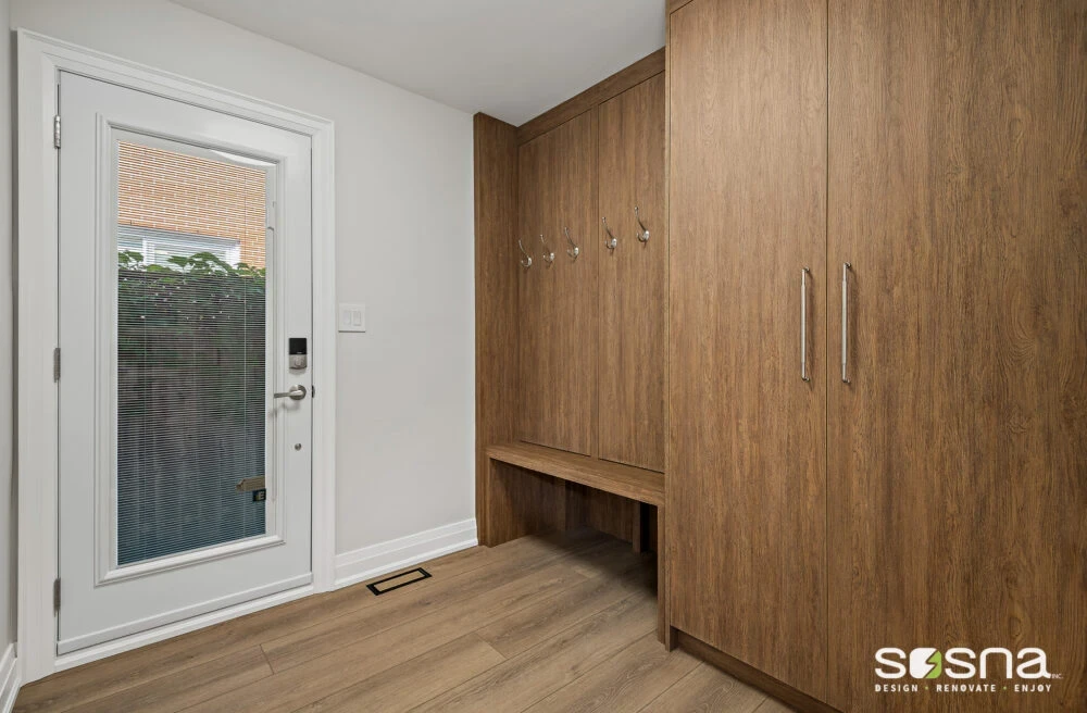 Mudroom Renovation New Exterior Door With Mini Blinds Vinyl Flooring Bespoke Cabinets With More Storage