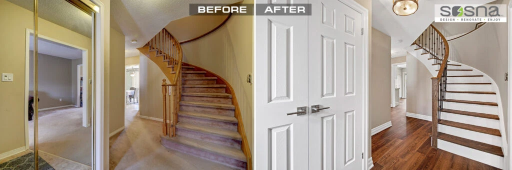 Staircase Renovation With Stained Hardwood Stairs And Matching Floor