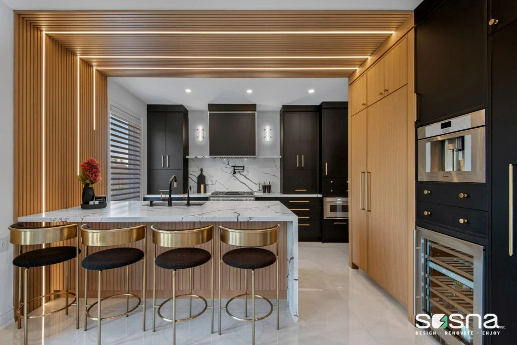 White Oak And Black Modern Kitchen Renovation Polished Floor Tiles Champagne Bronze Plumbing Fixtures Hardware LED Lights Slatted Wall Panel