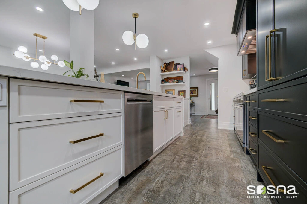 White And Black Cabinets Close-Up Details With Gold Handles